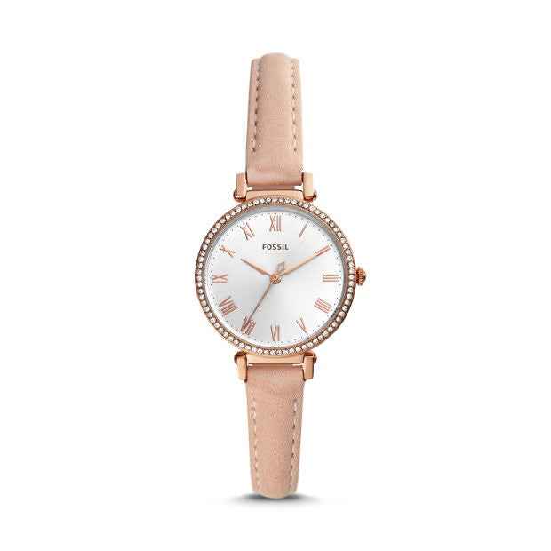 Fossil Ladies' Kinsey White Dial Analog Watch with Beige Leather Strap in Rose-Gold Tone Stainless Steel