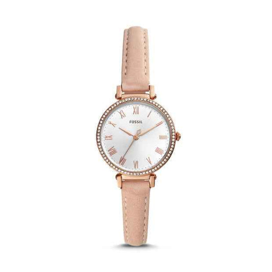 Fossil Ladies' Kinsey White Dial Analog Watch with Beige Leather Strap in Rose-Gold Tone Stainless Steel