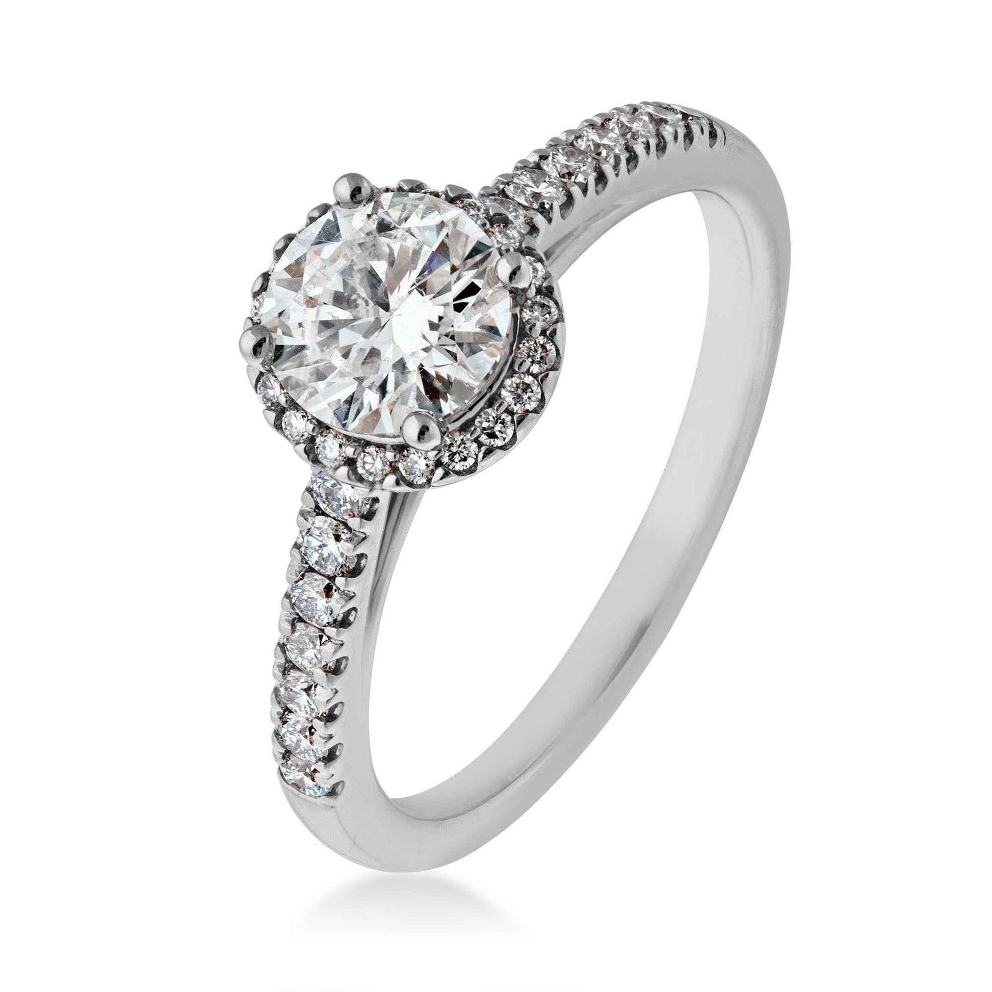 Modern 9/10 ct. Round Diamond Engagement Ring with 1/4 ct. Diamond Halo & Band in 14K White Gold front view