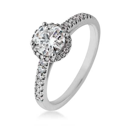 Modern 9/10 ct. Round Diamond Engagement Ring with 1/4 ct. Diamond Halo & Band in 14K White Gold front view