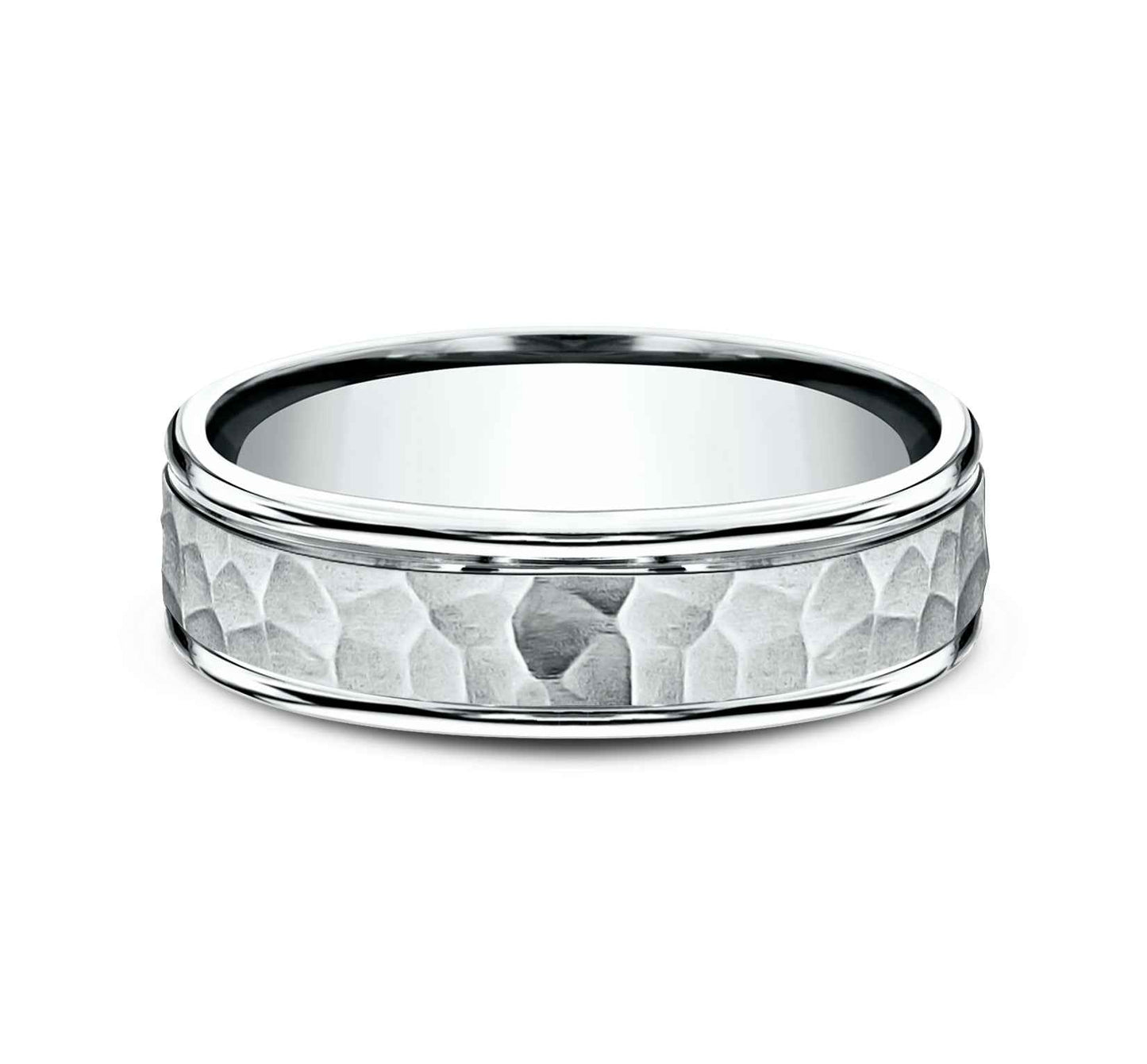 Benchmark Men's 6.0mm Wedding Band with Hammered Center Design in 14K White Gold