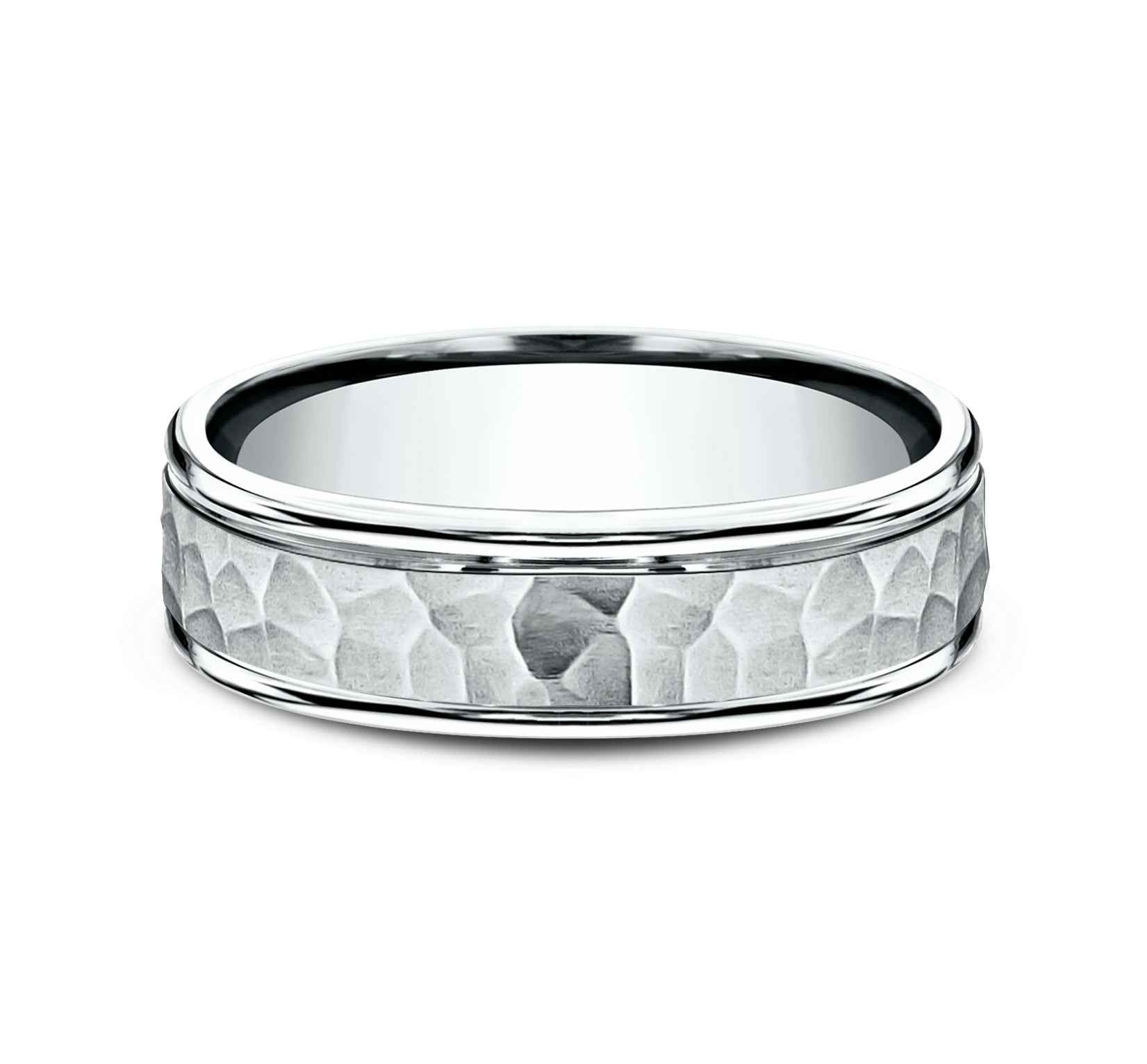 Benchmark Men's 6.0mm Wedding Band with Hammered Center Design in 14K White Gold