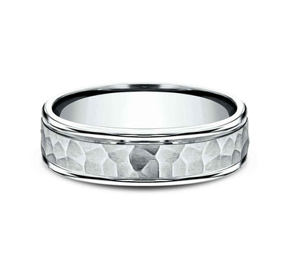 Benchmark Men's 6.0mm Wedding Band with Hammered Center Design in 14K White Gold