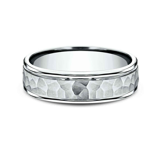 Benchmark Men's 6.0mm Wedding Band with Hammered Center Design in 14K White Gold