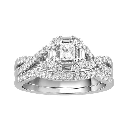 True Promise 5/8 ct. tw. Princess Cut Diamond Wedding Set with Straight Baguette & Round Diamond Halo in 10K White Gold