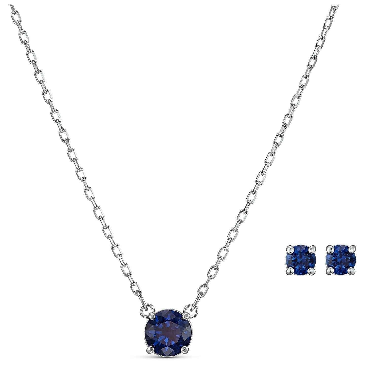 Swarovski Attract Dark Sapphire Blue Crystal Pendant and Earring Set in Silver Rhodium Plating