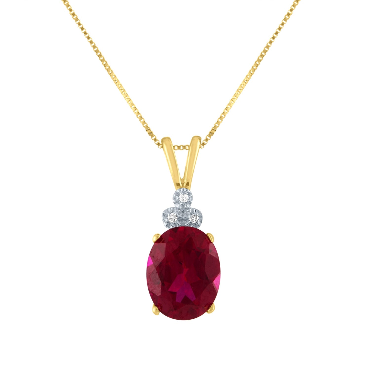 Oval Created Ruby and .018 ct. tw. Diamond Accented Pendant with Miracle Plating in 10K Yellow Gold