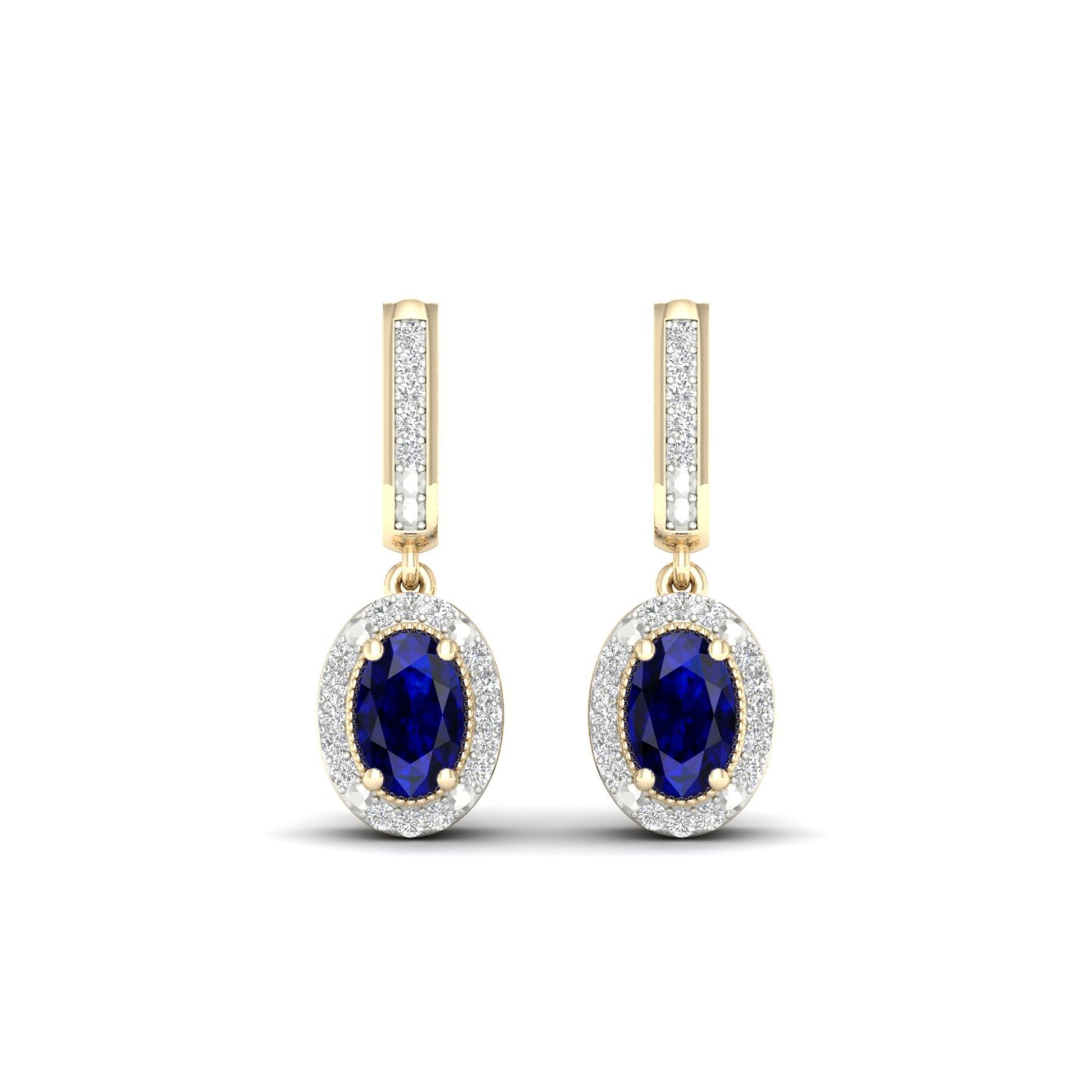 Blue Oval Sapphire and 1/10 ct. tw. Diamond Halo Earrings with Milgrain and Filigree Design in 10K Yellow close-up detail