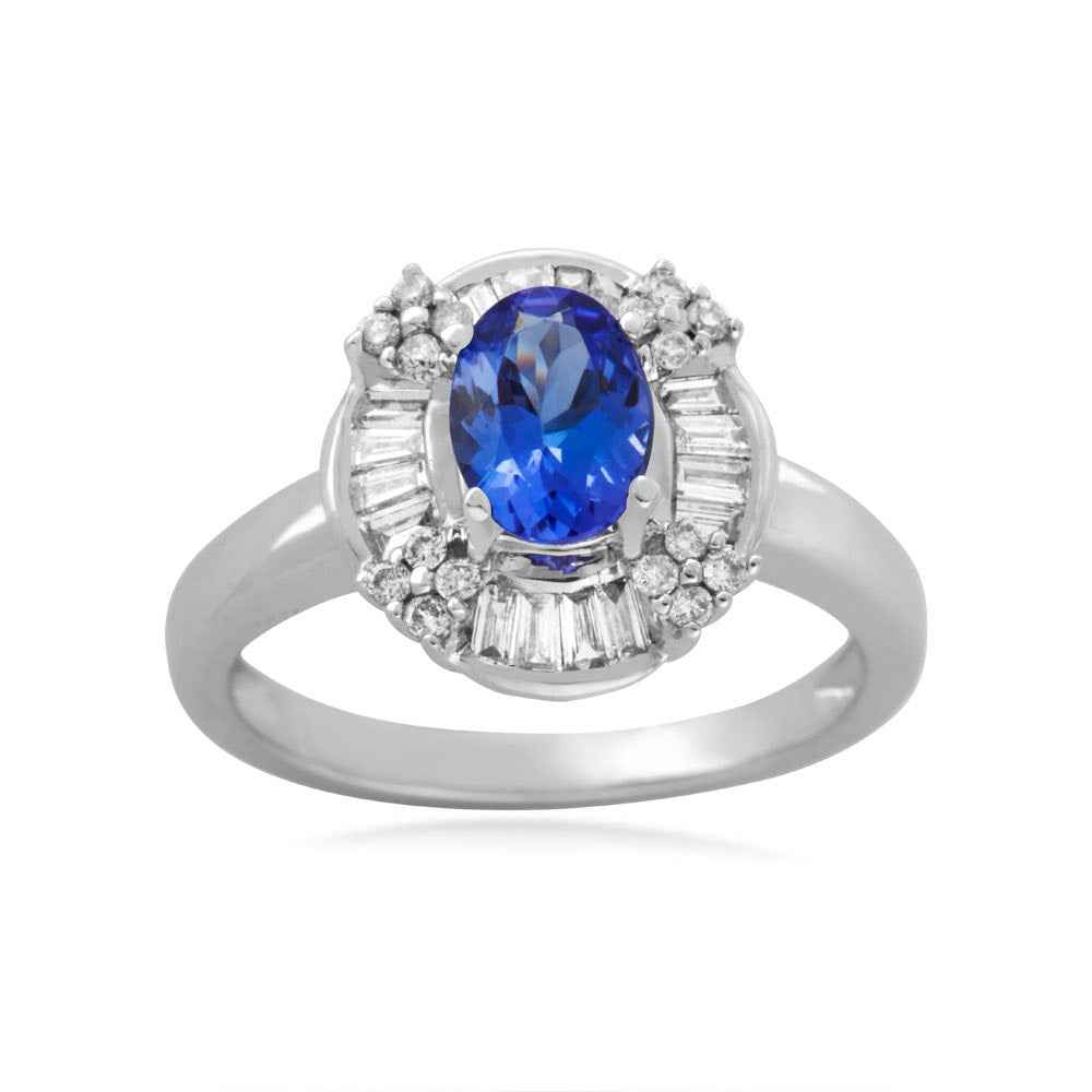Oval Tanzanite & 1/2 ct. tw. Baguette & Round Diamond Halo Ring in 14K White Gold