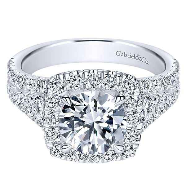 Gabriel & Co. 1.63 ct. tw. Round Halo Semi-Mount Engagement Ring with Tapered Side Diamond Band in 14K White Gold