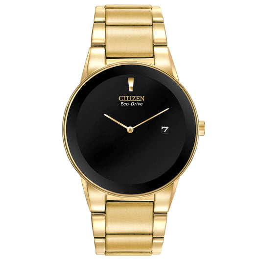 Citizen Axiom Men's Sleek Black Dial Watch with Date Feature in Gold-Tone Stainless Steel