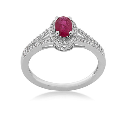 Genuine Oval Ruby Ring with 1/6 ct. tw. Diamond Halo & Split-Shank Band with Milgrain Edging in 10K White Gold
