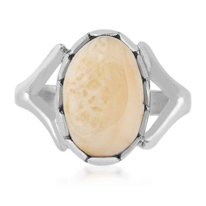 Ladies' Elk Ivory Cabochon Cut Ring with Split Shank Band in Sterling Silver front view