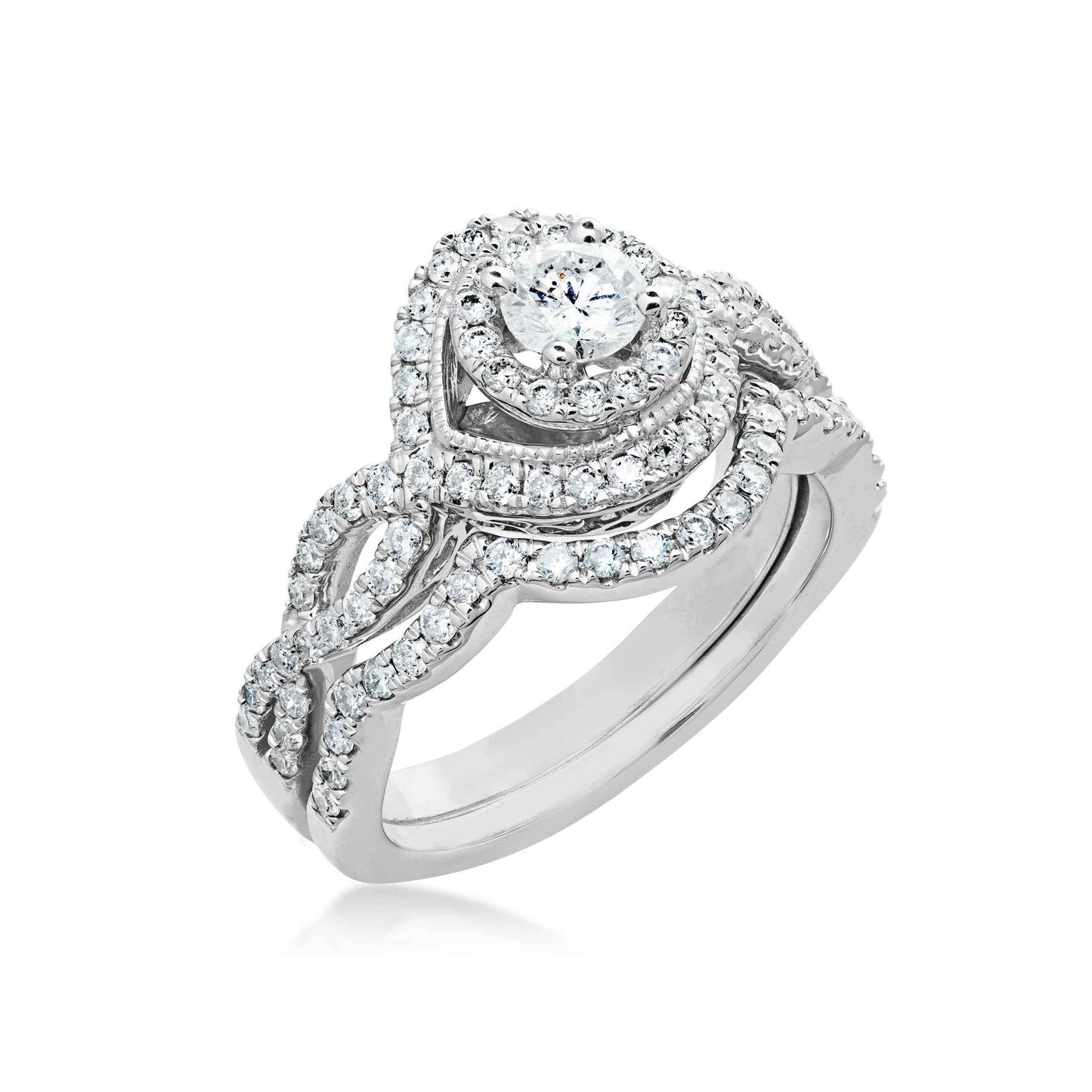 Amaura Collection 1/3 ct. Round Brilliant Center Stone and 5/8 ct. Diamond Halo Wedding Set in 14K White Gold close-up detail