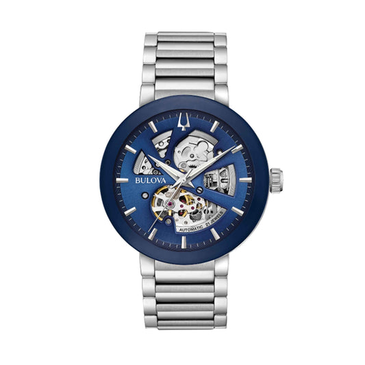 Bulova Men's Modern Stainless Steel Watch with Mechanical Designed Blue Dial and Silver Link Band