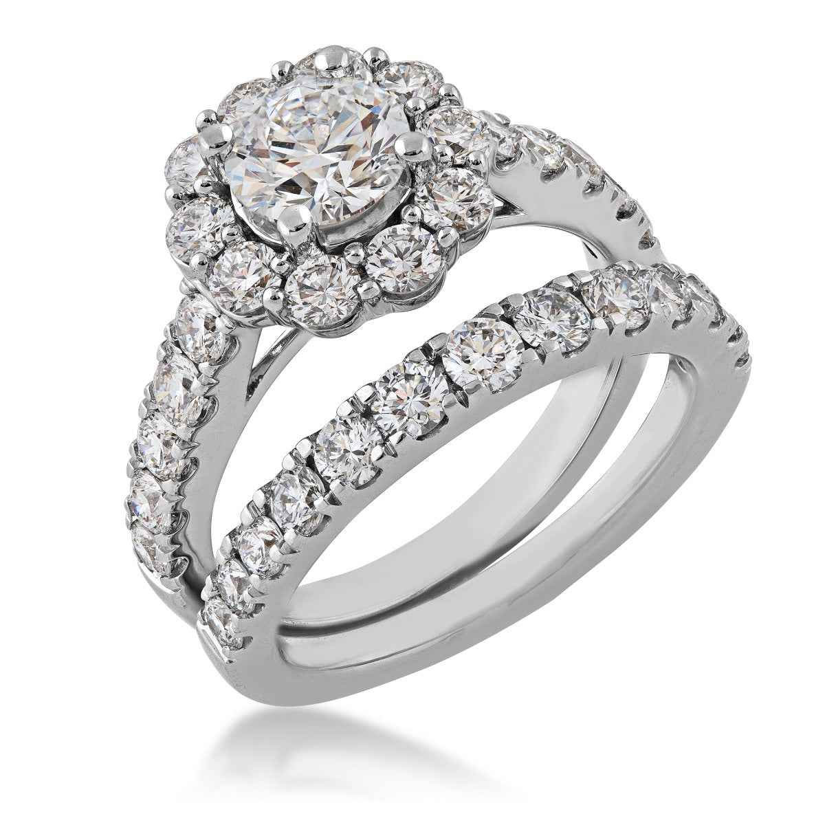 Adamante 3 ct. tw. Round Lab-Grown Diamond Halo Wedding Set with Diamond Melee Band in 14K White Gold close-up detail