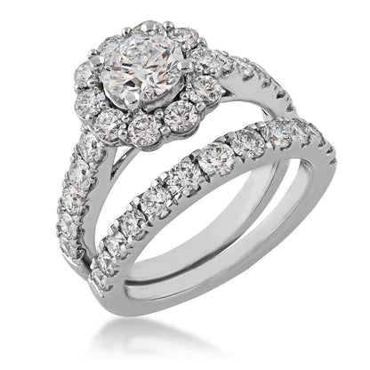 Adamante 3 ct. tw. Round Lab-Grown Diamond Halo Wedding Set with Diamond Melee Band in 14K White Gold close-up detail