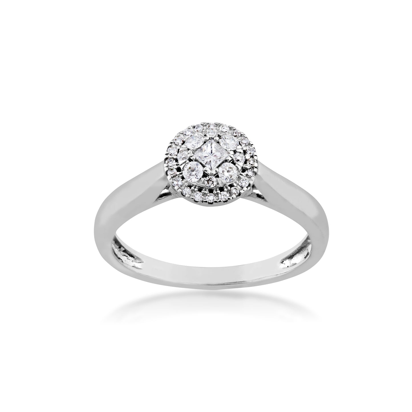 1/4 ct. tw. Princess Cut and Round Cluster Fashion Diamond Ring with Halo Design in 14K White Gold