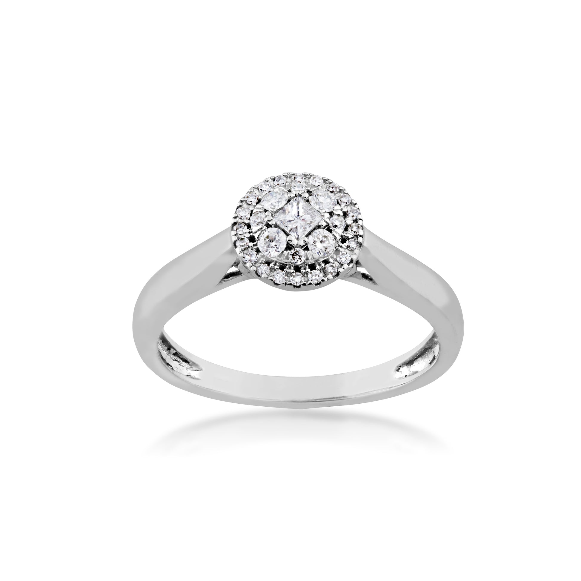 1/4 ct. tw. Princess Cut and Round Cluster Fashion Diamond Ring with Halo Design in 14K White Gold