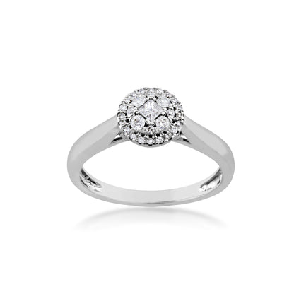 1/4 ct. tw. Princess Cut and Round Cluster Fashion Diamond Ring with Halo Design in 14K White Gold