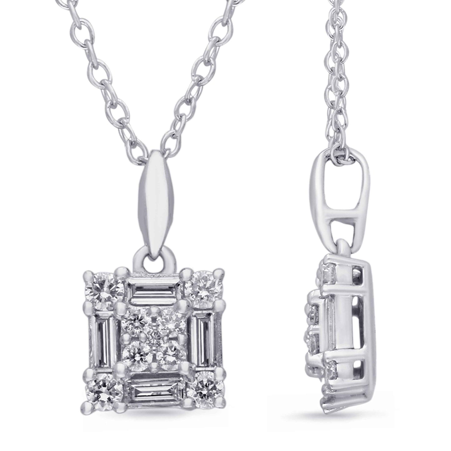 Kallati 3/8 ct. tw. Baguette & Round Diamond Square Pendant in 14K White Gold