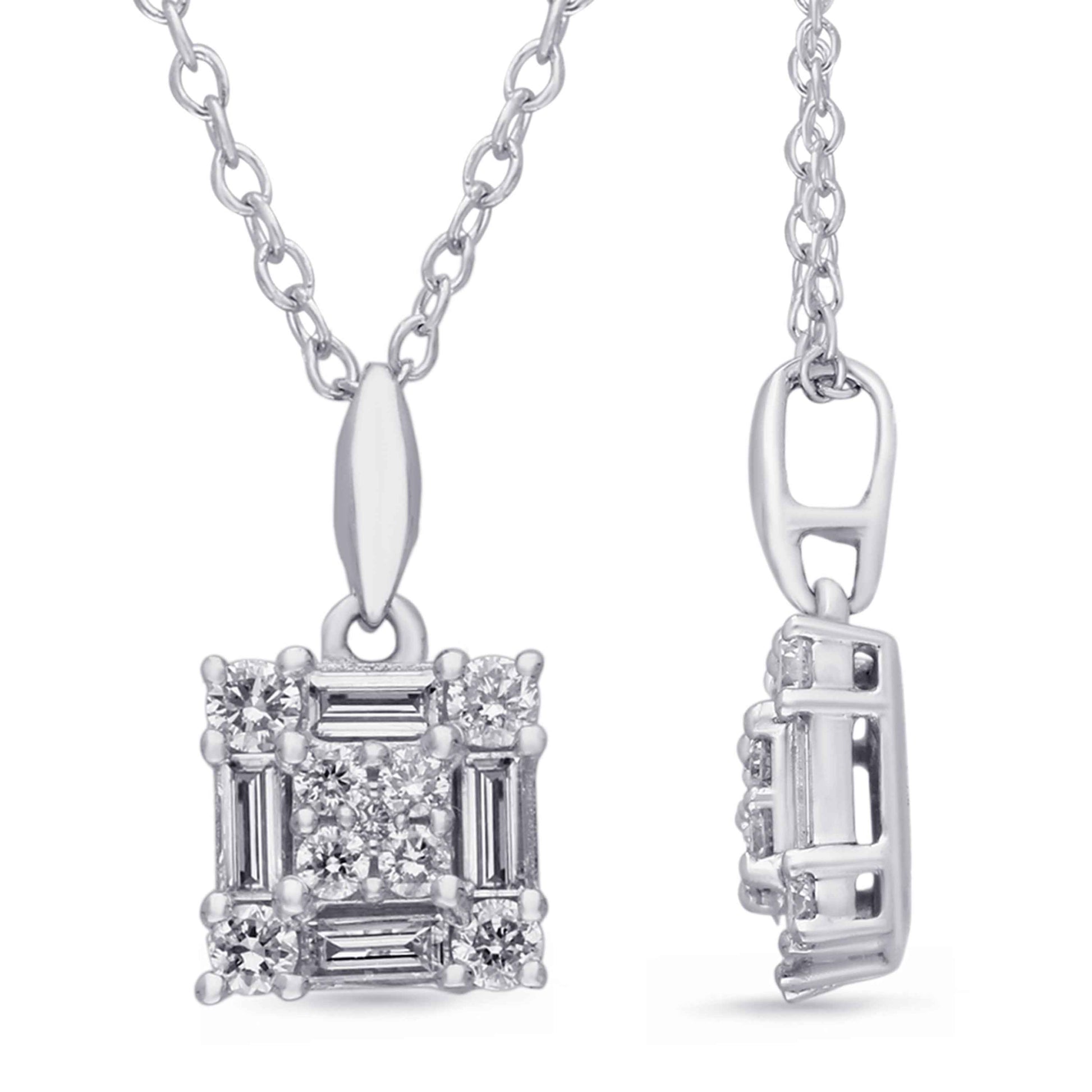 Kallati 3/8 ct. tw. Baguette & Round Diamond Square Pendant in 14K White Gold