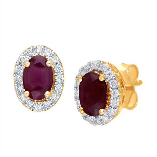 Kallati Oval Ruby & 1/5 ct. tw. Diamond Halo Earrings in 14K Yellow Gold front view
