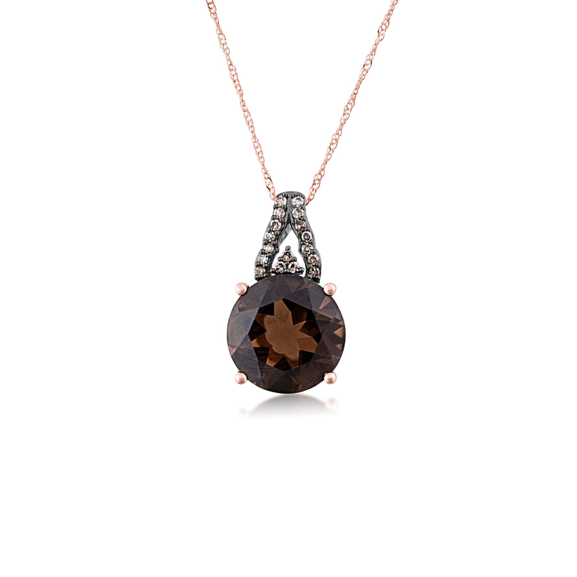 Impulse Collection Genuine Round Smokey Quartz Necklace with .08ct. tw. Mocha Diamonds in 10K Pink Gold - 484791CH PF 0QS