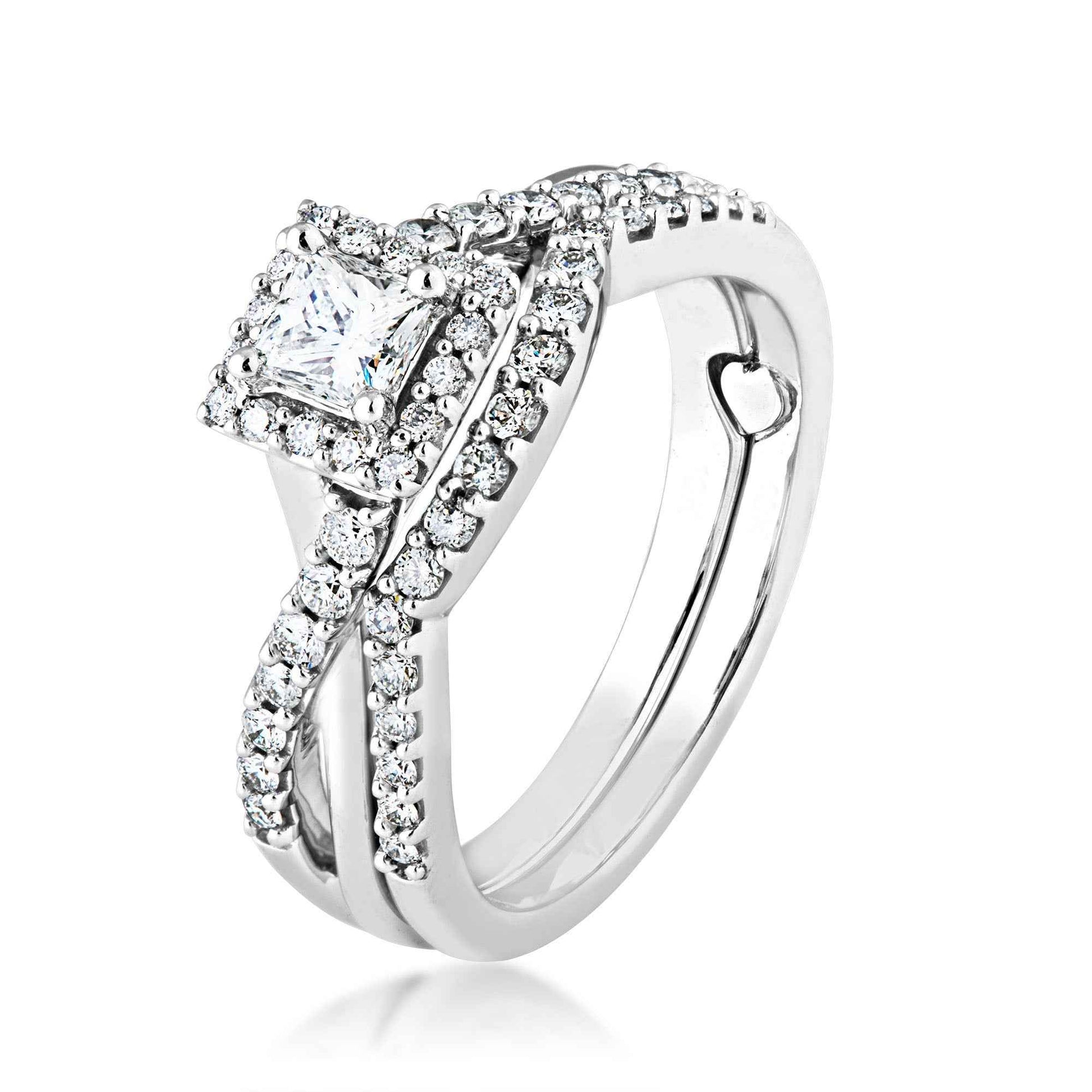 Natural 3/4 ct. tw. Princess Cut Diamond Halo Twist Wedding Set in 10K White Gold front view