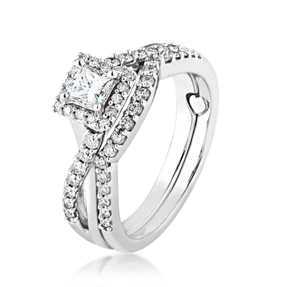 Natural 3/4 ct. tw. Princess Cut Diamond Halo Twist Wedding Set in 10K White Gold front view