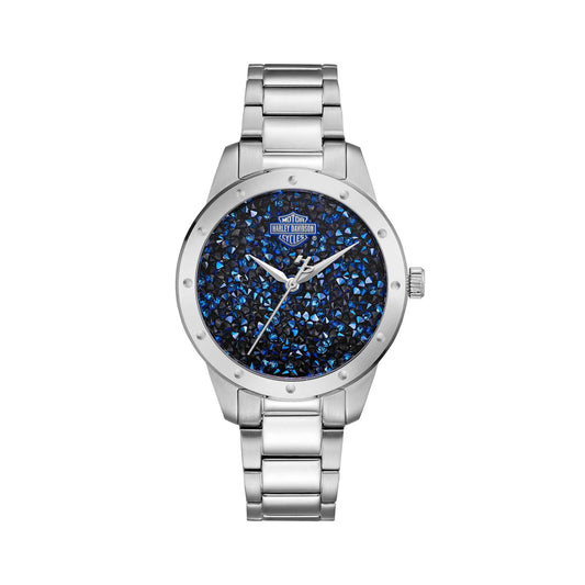 Harley Davidson Ladies' Stainless Steel Watch with Blue Rock Crystal Dial