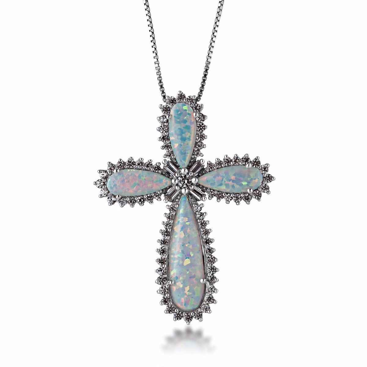 Created Opal and Created White Sapphire Cross Necklace