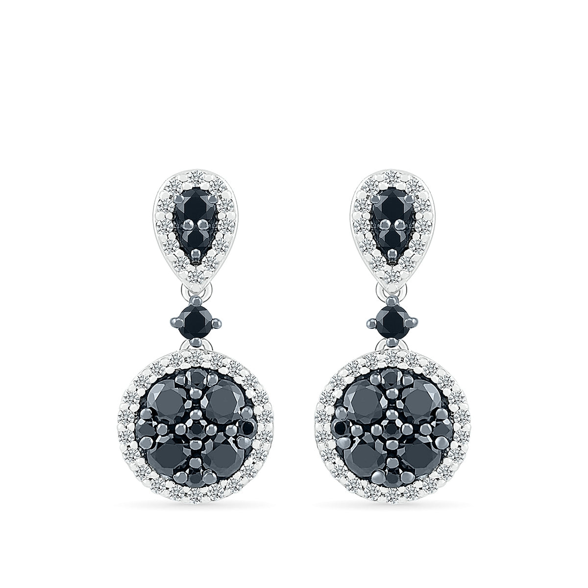 3/4 ct. tw. Black & White Diamond Round Cluster Drop Earrings in 10K White Gold front view