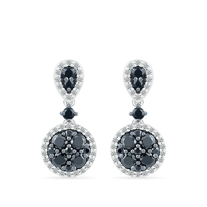3/4 ct. tw. Black & White Diamond Round Cluster Drop Earrings in 10K White Gold front view