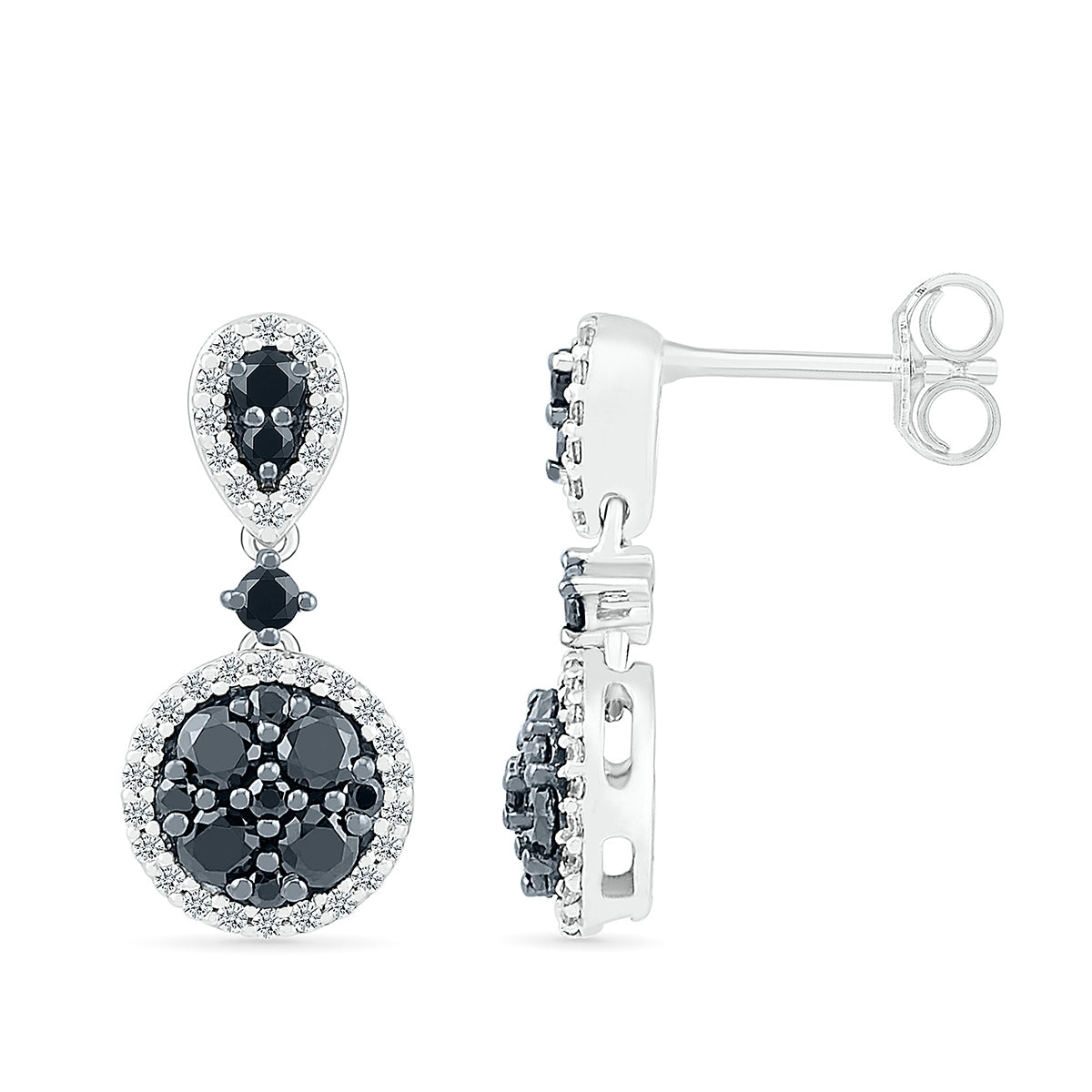 3/4 ct. tw. Black & White Diamond Round Cluster Drop Earrings in 10K White Gold close-up detail