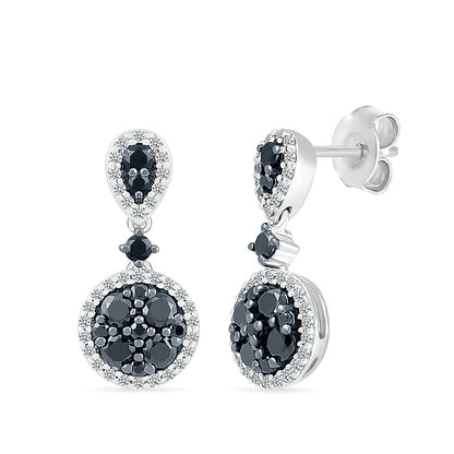 3/4 ct. tw. Black & White Diamond Round Cluster Drop Earrings in 10K White Gold
