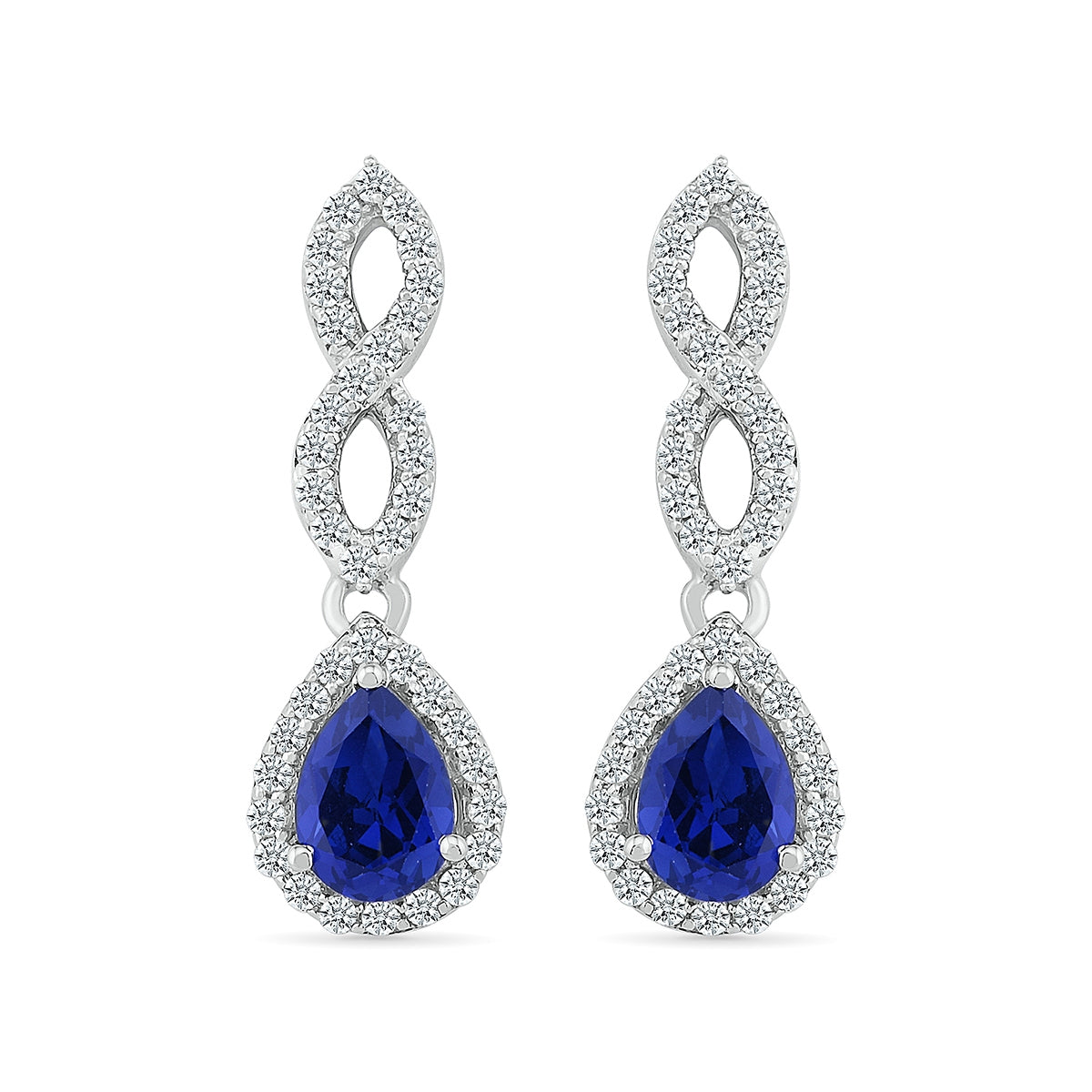 Created Pear Sapphire & Created White Sapphire Twist Drop Earrings in Sterling Silver front view