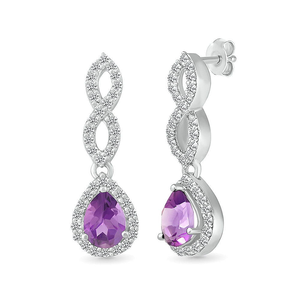 Pear Amethyst & Created White Sapphire Twist Drop Earrings in Sterling Silver