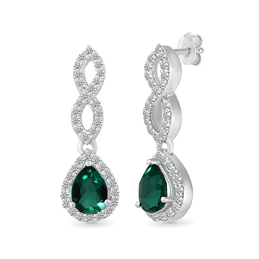 Created Pear Emerald & White Sapphire Twist Drop Earrings in Sterling Silver