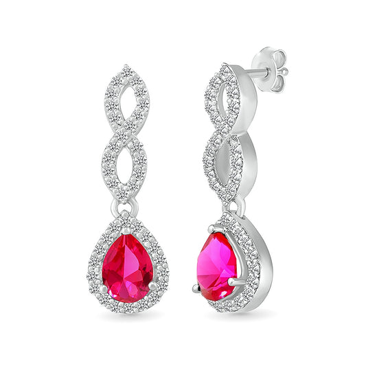 Created Pear Ruby & White Sapphire Twist Drop Earrings in Sterling Silver