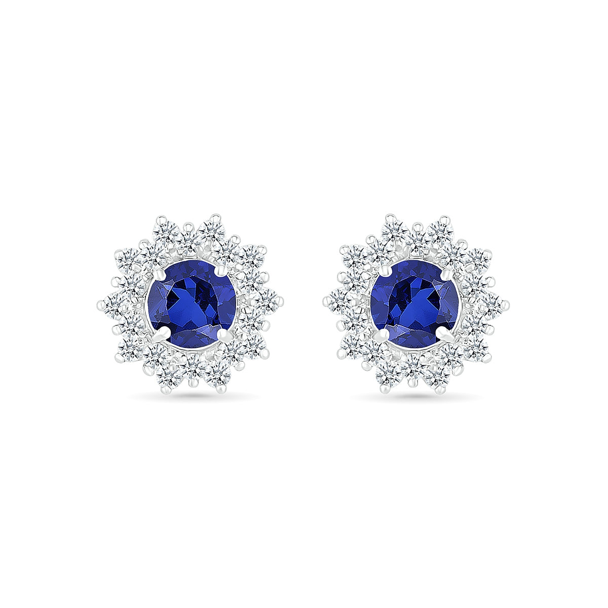 Round Sapphire & 1/4 ct. tw. Diamond Floral Halo Earrings in 10K White Gold front view