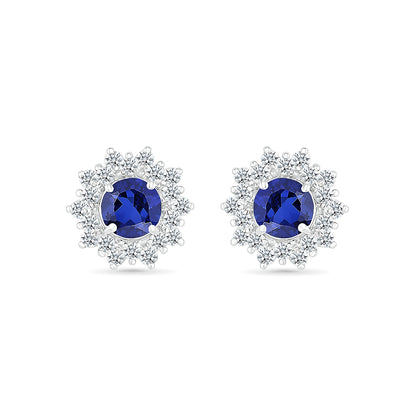 Round Sapphire & 1/4 ct. tw. Diamond Floral Halo Earrings in 10K White Gold front view