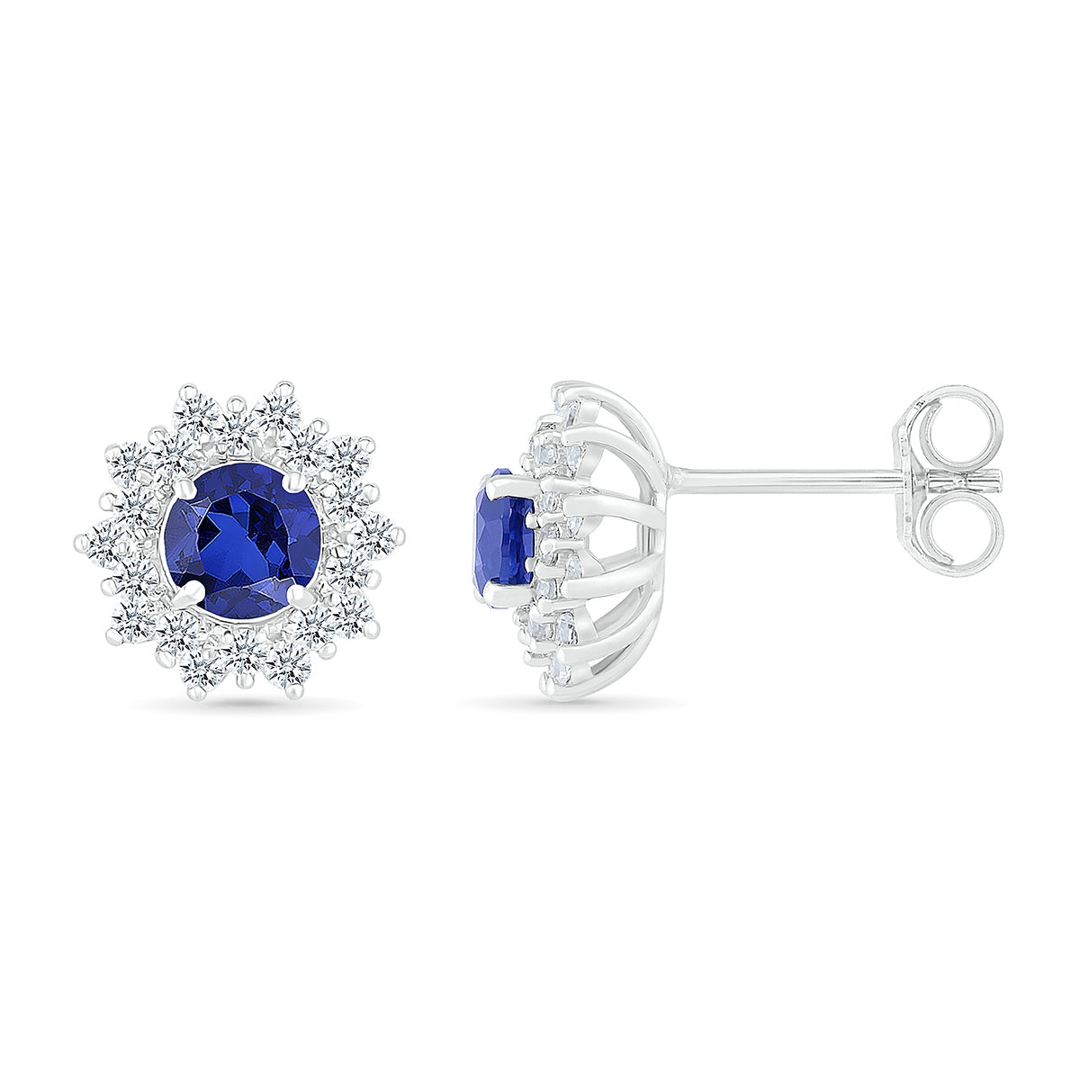 Round Sapphire & 1/4 ct. tw. Diamond Floral Halo Earrings in 10K White Gold close-up detail