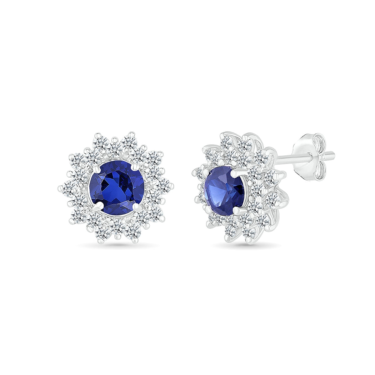 Round Sapphire & 1/4 ct. tw. Diamond Floral Halo Earrings in 10K White Gold