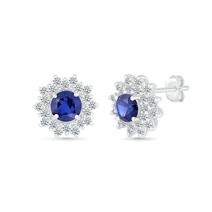 Round Sapphire & 1/4 ct. tw. Diamond Floral Halo Earrings in 10K White Gold