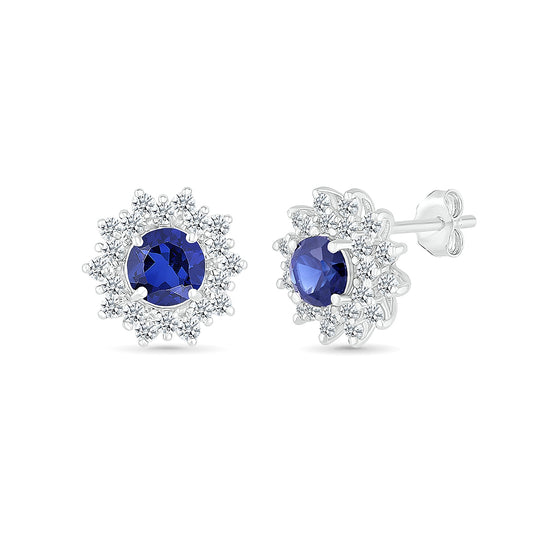 Round Sapphire & 1/4 ct. tw. Diamond Floral Halo Earrings in 10K White Gold