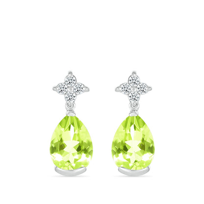 Pear Peridot & Diamond Accent Drop Earrings in 10K White Gold front view