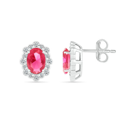 Oval Ruby & 3/8 ct. tw. Diamond Halo Earrings in 14K White Gold close-up detail
