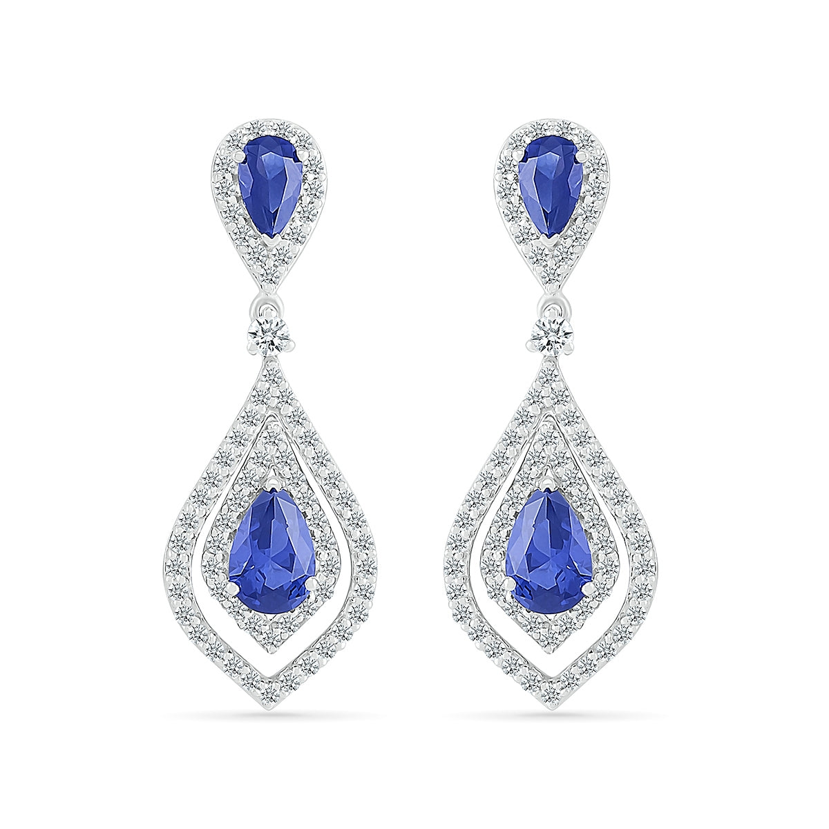 Created Pear Sapphire & Created White Sapphire Pointed Teardrop Earrings in Sterling Silver front view
