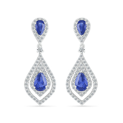 Created Pear Sapphire & Created White Sapphire Pointed Teardrop Earrings in Sterling Silver front view
